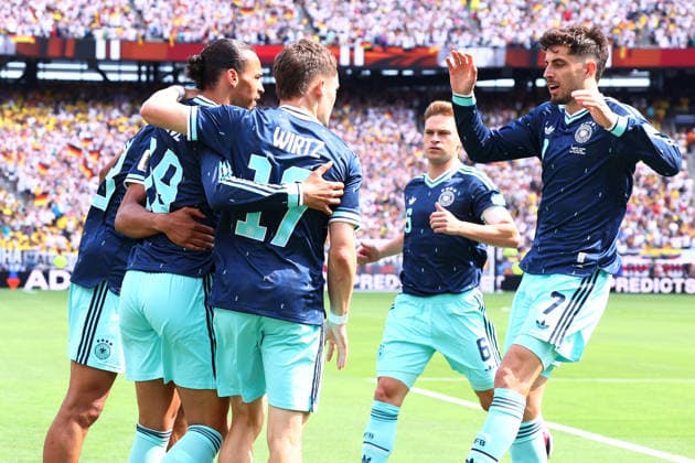 New Jersey, USA, 25th June 2026. Leroy Sane (L) of Germany celebrates after scoring to make it 1-0 during the Ecuador vs Germany FIFA World Cup, WM, Weltmeisterschaft, Fussball match at Metlife Stadium, New Jersey. Picture credit should read: Paul Terry Sportimage EDITORIAL USE ONLY. No use with unauthorised audio, video, data, fixture lists, club league logos or live services. Online in-match use limited to 120 images, no video emulation. No use in betting, games or single club league player publications. SPI_042_PT_Ecuador_Germany SPI-4841-0042