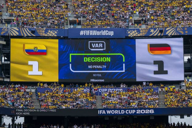 Fußball, Herren, FIFA World Cup, WM, Weltmeisterschaft, Fussball 2026, Spiel in New York New Jersey, Ecuador - Deutschland (Gruppe E, 3. Spieltag), nach VAR-Einsatz nimmt Schiedsrichterin Tori Penso den Elfmeter für Deutschland zurück, 25.06. 2026, *** Soccer, Men s, 2026 FIFA World Cup, Match in New York, New Jersey, Ecuador vs. Germany, Group E, Matchday 3; after a VAR review, referee Tori Penso overturns the penalty kick awarded to Germany, June 25, 2026, Copyright: xMatthiasxKochx