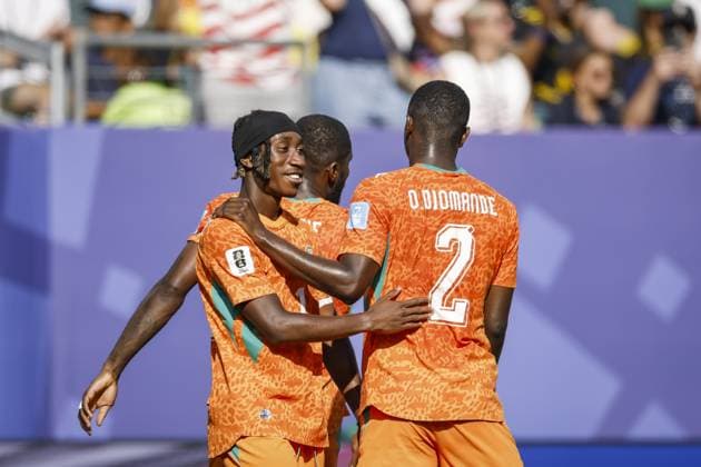 PHILADELPHIA - (lr) Yan Diomande of Ivory Coast celebrates scoring the 0-2 with Ousmane Diomande of Ivory Coast during the 2026 FIFA World Cup, WM, Weltmeisterschaft, Fussball Group E match between Curacao and Ivory Coast at Philadelphia Stadium on June 25, 2026, in Philadelphia, United States. MAURICE VAN STEEN ANP FIFA World Cup 2026 - Group E 2026 xVIxANPxSportx xxANPxIVx 561979734 originalFilename: 561979734.jpg