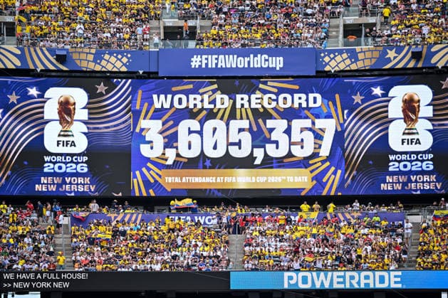Scoreboard New World Record during the FIFA World Cup, WM, Weltmeisterschaft, Fussball 2026 Group E match between Ecuador and Germany at New York New Jersey Stadium on June 25, 2026 in East Rutherford, United States. (Photo by Harry Langer DeFodi Images) - *** Scoreboard: New World Record set during the 2026 FIFA World Cup Group E match between Ecuador and Germany at New York New Jersey Stadium on June 25, 2026, in East Rutherford, United States. Photo by Harry Langer, DeFodi Images