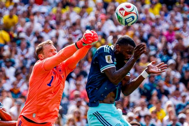 goalkeeper Manuel Neuer of Germany clears the ball away and Antonio Rudiger of Germany , Group E - FIFA World Cup, WM, Weltmeisterschaft, Fussball 2026, Ecuador v Germany, New York New Jersey Stadium, June 25, 2026, East Rutherford, United States.