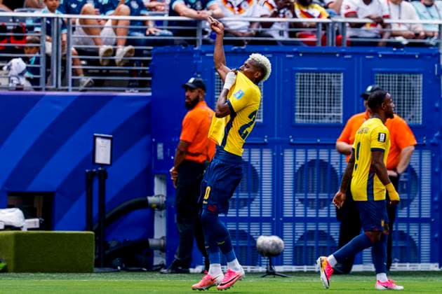 Nilson Angulo of Ecuador celebrates after scoring his teams first goal , Group E - FIFA World Cup, WM, Weltmeisterschaft, Fussball 2026, Ecuador v Germany, New York New Jersey Stadium, June 25, 2026, East Rutherford, United States.