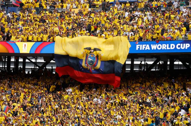 A large Ecuador flag is unfurled as fans celebrate after Ecuador beat Germany 2-1 in a FIFA World Cup, WM, Weltmeisterschaft, Fussball match at New York New Jersey Stadium in East Rutherford, New Jersey, on Thursday, June 25, 2026. With the win Ecuador will advance to the next round of competition.  NYP202606259231 JOHNxANGELILLO