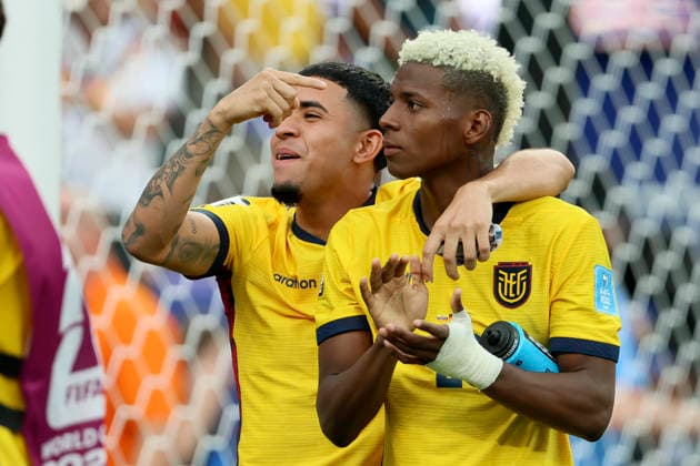 Ecuador v Germany: Group E - FIFA World Cup, WM, Weltmeisterschaft, Fussball 2026 Kendry Paez and Nilson Angulo of Ecuador celebrate after winning the FIFA World Cup 2026 Group E match between Ecuador and Germany at New York New Jersey Stadium on June 25, 2026 in East Rutherford, United States. East Rutherford New York New Jersey Stadium NJ United States Copyright: xAllstarxPicturexLibraryxLtdx