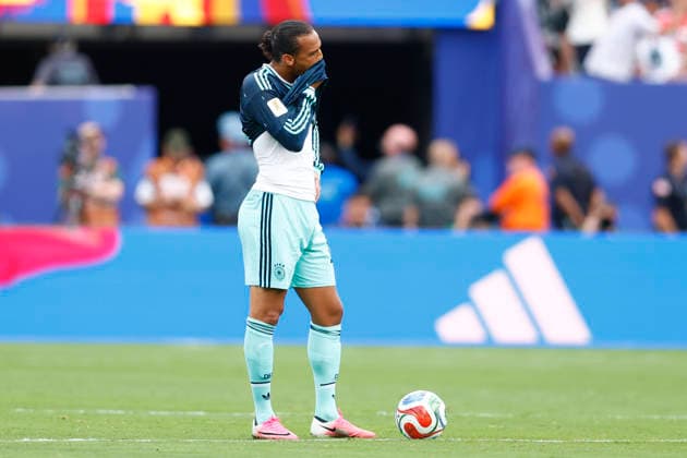 New Jersey, USA, 25th June 2026. Leroy Sane of Germany looks dejected after Gonzalo Plata of Ecuador scores to make it 2-1 during the Ecuador vs Germany FIFA World Cup, WM, Weltmeisterschaft, Fussball match at Metlife Stadium, New Jersey. Picture credit should read: Paul Terry Sportimage EDITORIAL USE ONLY. No use with unauthorised audio, video, data, fixture lists, club league logos or live services. Online in-match use limited to 120 images, no video emulation. No use in betting, games or single club league player publications. SPI_075_PT_Ecuador_Germany SPI-4841-0075
