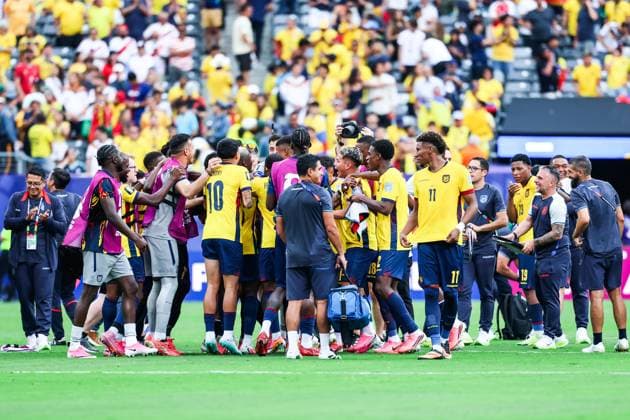 RECORD DATE NOT STATED FIFA World Cup, WM, Weltmeisterschaft, Fussball 2026 - Group E - Ecuador v Germany Ecuador players celebrate qualifying for the knockout stage after defeating Germany 2-1 in the third round of Group E of the 2026 FIFA World Cup group stage at New York New Jersey Stadium, in East Rutherford, United States, on Thursday, June 25, 2026.(Foto: William Volcov Brazil Photo Press IMAGO) Sports East Rutherford NJ United States of America Copyright: xWILLIAMxVOLCOVx