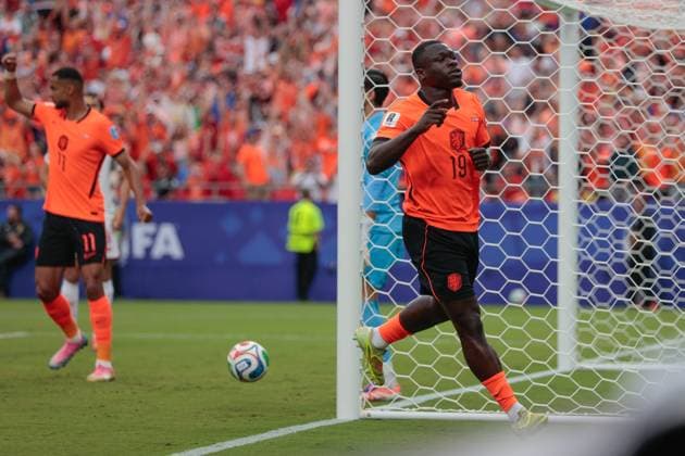 KANSAS CITY, 25-06-2026, Kansas City Stadium, World Cup 2026 Match between Tunesia and The Netherlands. Picture Shows Netherlands player Brian Brobbey scores the 0-2 and celebrate his goal Tunesia - Netherlands (World Cup 2026)  x204647501x Copyright: