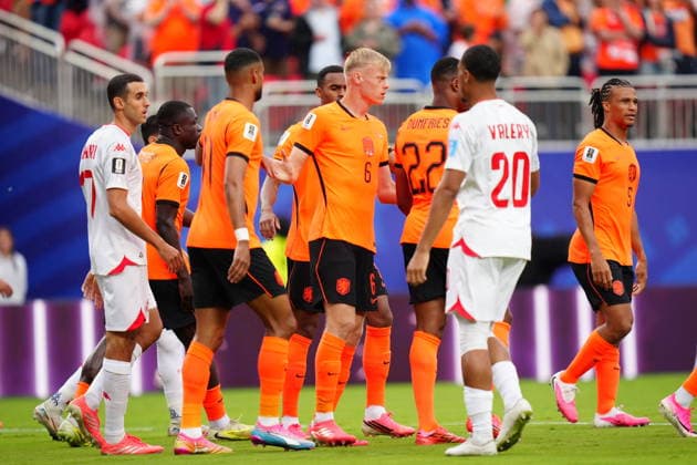Tunisia v Netherlands - FIFA World Cup, WM, Weltmeisterschaft, Fussball 2026 - Group F KANSAS CITY, UNITED STATES - JUNE 25: Players of Netherlands celebrate after Ellyes Skhiri of Tunisia scored an own goal during the 2026 FIFA World Cup First Stage Group F match between Tunisia and Netherlands at Arrowhead Stadium (Kansas City Stadium) in Kansas City, Missouri, United States on June 25, 2026. Hakan Akgun Anadolu Missouri United States. Editorial use only. Please get in touch for any other usage.  Copyright: x2026xAnadoluxHakanxAkgunx