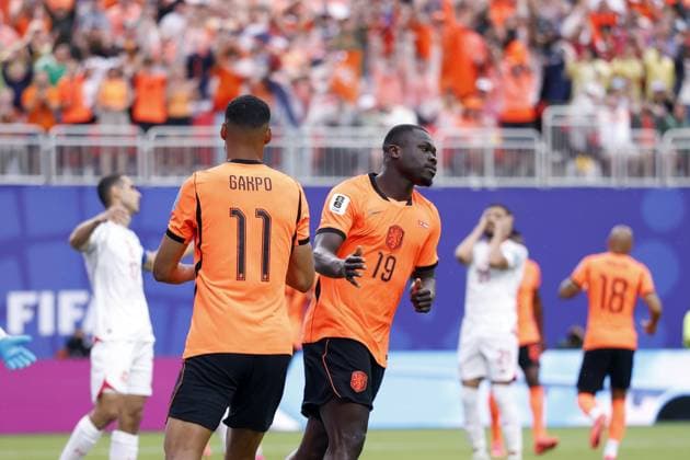 KANSAS - (lr) Cody Gakpo of the Netherlands, Brian Brobbey of the Netherlands celebrate the 0-1 during the FIFA 2026 World Cup Group F match between Tunisia and the Netherlands at Kansas City Stadium on June 25, 2026, in Kansas, United States. ROBIN VAN LONKHUIJSEN ANP FIFA World Cup, WM, Weltmeisterschaft, Fussball 2026 group stage 2026 xVIxANPxSportx xxANPxIVx 561990055 originalFilename: 561990055.jpg