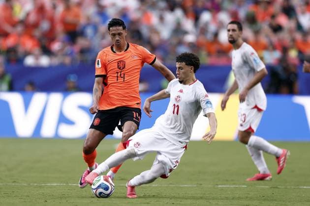 KANSAS - (lr) Tijjani Reijnders of the Netherlands, Ismael Gharbi of Tunisia during the FIFA World Cup, WM, Weltmeisterschaft, Fussball 2026 Group F match between Tunisia and the Netherlands at Kansas City Stadium on June 25, 2026 in Kansas, United States. ROBIN VAN LONKHUIJSEN ANP FIFA World Cup 2026 group stage 2026 xVIxANPxSportx xxANPxIVx 561994516 originalFilename: 561994516.jpg