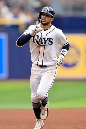 June 25, 2026, St. Petersburg, Florida, USA: Tampa Bay Rays right fielder Victor Mesa Jr. (25) homers to right field and scores center fielder Cedric Mullins (31) and shortstop Taylor Walls (6) during an MLB, Baseball Herren, USA game against the Kansas City Royals on June 25, 2026 at Tropicana Field. The Rays beat the Royals 13-2. St. Petersburg USA - ZUMAh180 20260625_zsp_h180_033 Copyright: xKimxHukarix