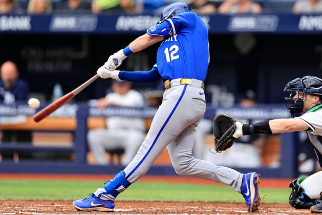 June 25, 2026, St. Petersburg, Florida, USA: Kansas City Royals second baseman Nick Loftin (12) flies out to Tampa Bay Rays left fielder Chandler Simpson (14) during an MLB, Baseball Herren, USA game on June 25, 2026 at Tropicana Field. The Rays beat the Royals 13-2. St. Petersburg USA - ZUMAh180 20260625_zsp_h180_078 Copyright: xKimxHukarix
