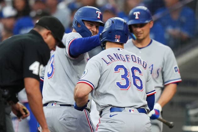 June 25, 2026, Toronto, On, CANADA: Texas Rangers Wyatt Langford (36) celebrates his three-run home run against the Toronto Blue Jays with Joc Pederson (3) during third inning MLB, Baseball Herren, USA baseball action in Toronto, on Thursday, June 25, 2026. Canada News - June 25, 2026  - ZUMAc35_ 20260625_zaf_c35_111 Copyright: xNathanxDenettex