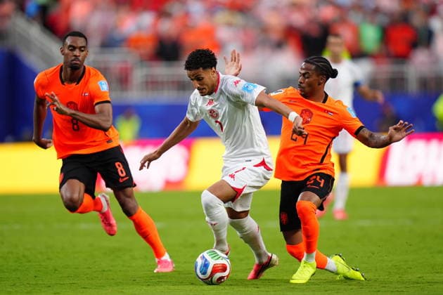 Tunisia v Netherlands - FIFA World Cup, WM, Weltmeisterschaft, Fussball 2026 - Group F KANSAS CITY, UNITED STATES - JUNE 25: Elias Achouri (7) of Tunisia in action during the 2026 FIFA World Cup First Stage Group F match between Tunisia and Netherlands at Arrowhead Stadium (Kansas City Stadium) in Kansas City, Missouri, United States on June 25, 2026. Hakan Akgun Anadolu Missouri United States. Editorial use only. Please get in touch for any other usage.  Copyright: x2026xAnadoluxHakanxAkgunx