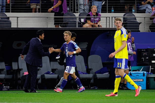 Hajime Moriyasu and Daizen Maeda seen celebrating after scoring goal during FIFA World Cup, WM, Weltmeisterschaft, Fussball 2026 game between national teams of Japan an Sweden (Grzegorz Wajda Ball Raw Images) Arlington Dallas Stadium USA Copyright: xGrzegorzxWajdax grzegorzwajda_japan_netherlands_2526_2-8