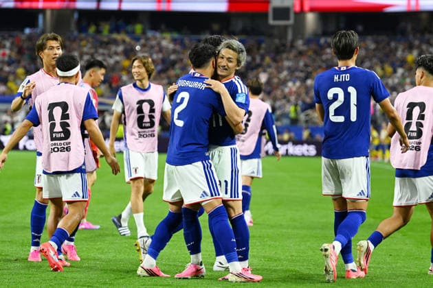 (L-R) Yukinari Sugawara (JPN), Daizen Maeda (JPN), JUNE 25, 2026 - Football Soccer : FIFA World Cup, WM, Weltmeisterschaft, Fussball 2026 Group F match between Japan - Sweden at Dallas Stadium in Arlington, Texas, USA.  aflo_335802760 KenjiroxMatsuox