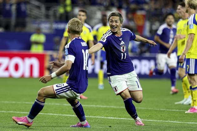 RECORD DATE NOT STATED Japan faces Sweden in the final round of Group C at the 2026 World Cup. Dallas (USA), 06 25 2026 World Cup USA Daizen Maeda scores and celebrates his goal in a match between the national teams of Japan and Sweden, valid for the last round of group F of the FIFA World Cup, WM, Weltmeisterschaft, Fussball 2026, played at Dallas Stadium, in Dallas, this Thursday (25).(Foto: Pedro Paulo Diaz Thenews2 imago images) SPO  Copyright: xPedroxPauloxDiazx