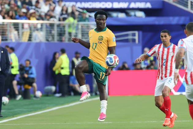 Nestory Irankunda of Australia controls the ball during the FIFA World Cup, WM, Weltmeisterschaft, Fussball 2026 match between Paraguay and Australia at Levi s Stadium, San Francisco, USA on 26 June 2026. Copyright: xPeterxDovganx 45120029