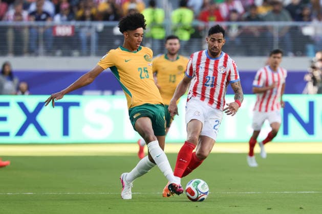 Lucas Herrington of Australia passes the ball during the FIFA World Cup, WM, Weltmeisterschaft, Fussball 2026 match between Paraguay and Australia at Levi s Stadium, San Francisco, USA on 26 June 2026. Copyright: xPeterxDovganx 45120031