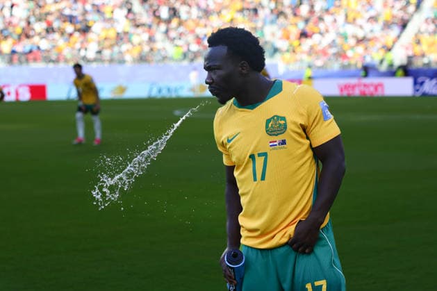 Nestory Irankunda of Australia takes a drink during the FIFA World Cup, WM, Weltmeisterschaft, Fussball 2026 match between Paraguay and Australia at Levi s Stadium, San Francisco, USA on 26 June 2026. Copyright: xPeterxDovganx 45120034