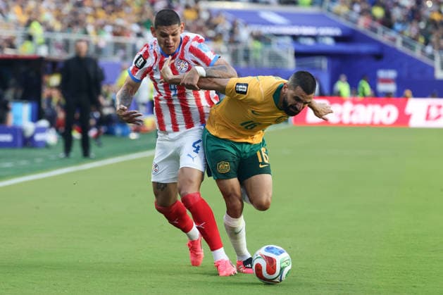Aziz Behich of Australia and Diego Gomez of Paraguay challenge for the ball during the FIFA World Cup, WM, Weltmeisterschaft, Fussball 2026 match between Paraguay and Australia at Levi s Stadium, San Francisco, USA on 26 June 2026. Copyright: xPeterxDovganx 45120036