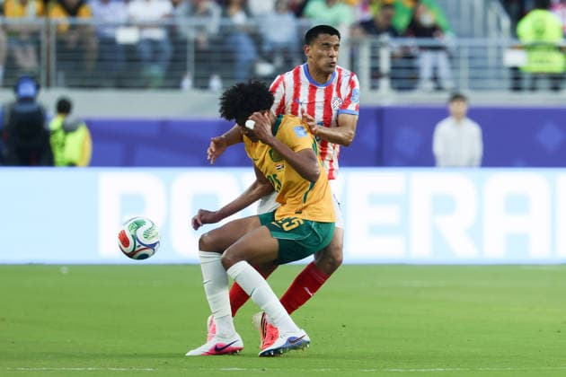Lucas Herrington of Australia tackles Diego Gomez of Paraguay during the FIFA World Cup, WM, Weltmeisterschaft, Fussball 2026 match between Paraguay and Australia at Levi s Stadium, San Francisco, USA on 26 June 2026. Copyright: xPeterxDovganx 45120039