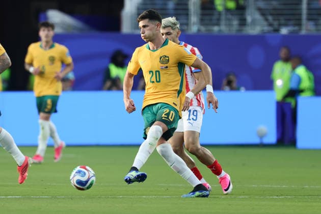 Cristian Volpato of Australia passes the ball during the FIFA World Cup, WM, Weltmeisterschaft, Fussball 2026 match between Paraguay and Australia at Levi s Stadium, San Francisco, USA on 26 June 2026. Copyright: xPeterxDovganx 45120042