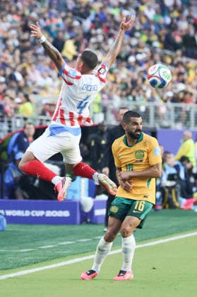 Aziz Behich of Australia and Diego Gomez of Paraguay challenge for the ball during the FIFA World Cup, WM, Weltmeisterschaft, Fussball 2026 match between Paraguay and Australia at Levi s Stadium, San Francisco, USA on 26 June 2026. Copyright: xPeterxDovganx 45120043