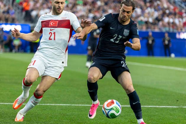 June 25, 2026, Los Angeles, California, USA: TurkeyÃ¢â‚¬â ¢ Baris Alper Yilmaz (21) and United States Joe Scally (23) vie for the ball during the FIFA World Cup, WM, Weltmeisterschaft, Fussball Group D soccer match at SoFi Stadium in Inglewood, Calif., Thursday, June 25, 2026. World Cup 2026: United States Vs Turkey  - ZUMAc68_ 20260625_zaf_c68_013 Copyright: xRingoxChiux