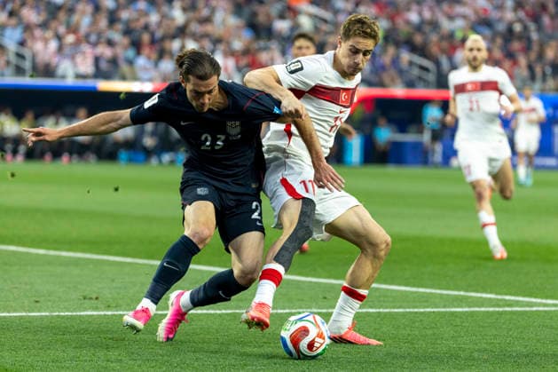 June 25, 2026, Los Angeles, California, USA: United States Joe Scally (23) and TurkeyÃ¢â‚¬â ¢ Kenan Yildiz (11) vie for the ball during the FIFA World Cup, WM, Weltmeisterschaft, Fussball Group D soccer match at SoFi Stadium in Inglewood, Calif., Thursday, June 25, 2026. World Cup 2026: United States Vs Turkey  - ZUMAc68_ 20260625_zaf_c68_019 Copyright: xRingoxChiux