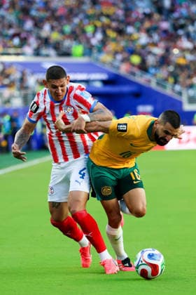 June 25, 2026, Santa Clara, California, USA: Santa Clara, USA - June 25 2026: Juan Jose CoÂ¡ceres 4 of Paraguay and Aziz Behwich 16 of Australia during a FIFA World Cup, WM, Weltmeisterschaft, Fussball group match between Paraguay and Australia at San Francisco Bay Area Stadium Santa Clara USA - ZUMAp121 20260625_zsp_p121_036 Copyright: xChrisxPutnamx
