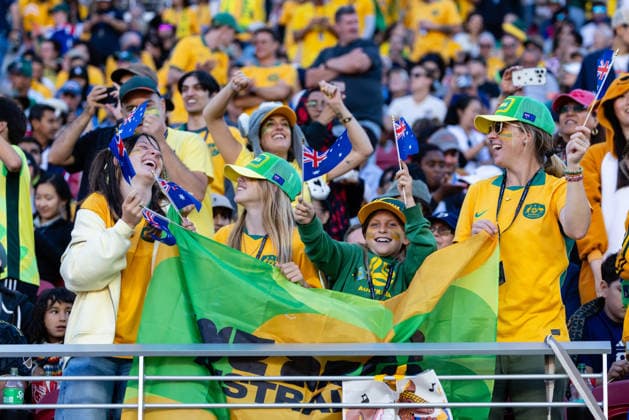 SANTA CLARA, CA - JUNE 25: Australia fans cheer before the FIFA World Cup, WM, Weltmeisterschaft, Fussball 2026 Group D match between Paraguay and Australia on June 25, 2026 at San Francisco Bay Area Stadium in Santa Clara, CA. (Photo by Matthew Huang Icon Sportswire) SOCCER: JUN 25 FIFA World Cup 26 Group D - Paraguay vs Australia EDITORIAL USE ONLY Icon260625002