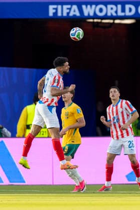 SANTA CLARA, CA - JUNE 25: Omar Alderete 3 of Paraguay heads the ball during the FIFA World Cup, WM, Weltmeisterschaft, Fussball Group D match between Paraguay and Australia on June 25, 2026 at San Francisco Bay Area Stadium in Santa Clara, CA. (Photo by Bob Kupbens Icon Sportswire) SOCCER: JUN 25 FIFA World Cup 26 Group D - Paraguay vs Australia EDITORIAL USE ONLY Icon260625022
