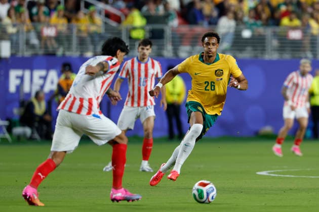 SOCCER PARAGUAY AUSTRALIA WORLD CUP, Tete Yengi of Australia of Australia during the Group D match between Paraguay and Australia as part of the Men™s FIFA 2026 World Cup at San Francisco Bay Area Stadium in California, USA, Friday, June 26, 2026. ( NO ARCHIVING, EDITORIAL USE ONLY SAN FRANCISCO CALIFORNIA UNITED STATES  Copyright: xJASONxHENRYx 20260626190418604088