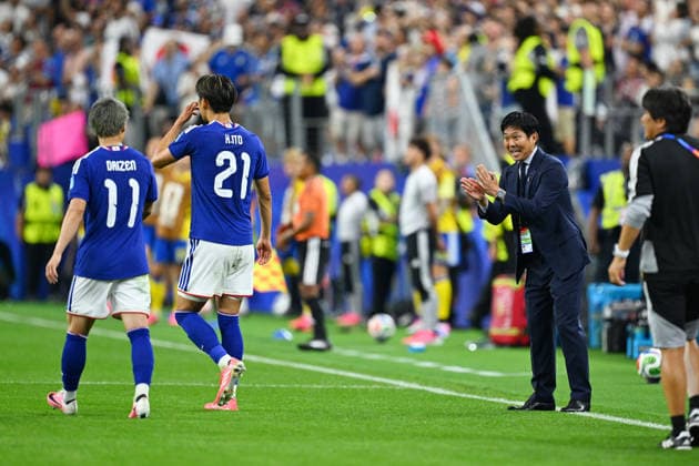 (L-R) Daizen Maeda (JPN), Hajime Moriyasu head coach (JPN), JUNE 25, 2026 - Football Soccer : FIFA World Cup, WM, Weltmeisterschaft, Fussball 2026 Group F match between Japan - Sweden at Dallas Stadium in Arlington, Texas, USA.  aflo_335814940 KenjiroxMatsuox
