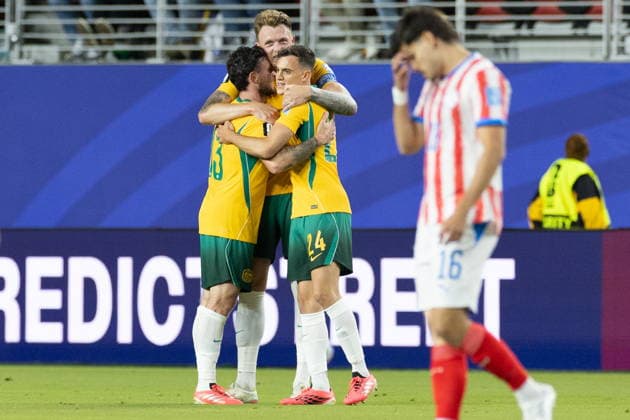FIFA World Cup, WM, Weltmeisterschaft, Fussball 2026 - Group D - Paraguay vs Australia Team Australia celebrates a draw during the FIFA World Cup 2026 group stage match Paraguay vs Australia, at San Francisco Bay Area Stadium in Santa Clara, USA, 25 June 2026. SANTA CLARA United States  Copyright: xBENJAMINxFANJOYx