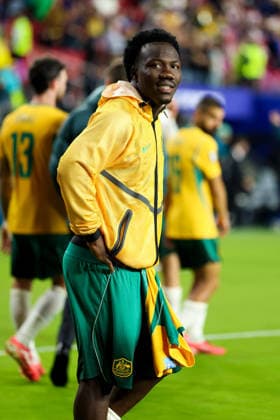 June 25, 2026, Santa Clara, California, USA: Santa Clara, USA - June 25 2026: Nestory Irankunda 17 of Australia celebrates qualifying to the next stage after a FIFA World Cup, WM, Weltmeisterschaft, Fussball group match against Paraguay at San Francisco Bay Area Stadium World Cup 2026: Group D: Paraguay 0:0 Australia  - ZUMAp121 20260625_zsp_p121_047 Copyright: xChrisxPutnamx
