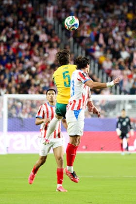 June 25, 2026, Santa Clara, California, USA: Santa Clara, USA - June 25 2026: Jordan Bos 5 of Australia and MatoÂ­as Galarza 23 of Paraguay compete during a FIFA World Cup, WM, Weltmeisterschaft, Fussball group match between Paraguay and Australia at San Francisco Bay Area Stadium World Cup 2026: Group D: Paraguay 0:0 Australia  - ZUMAp121 20260625_zsp_p121_053 Copyright: xChrisxPutnamx