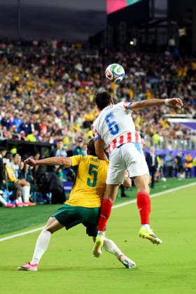 June 25, 2026, Santa Clara, California, USA: Santa Clara, USA - June 25 2026: Jordan Bos 5 of Australia and JoÂºnior Alonso 6 of Paraguay compete during a FIFA World Cup, WM, Weltmeisterschaft, Fussball group match between Paraguay and Australia at San Francisco Bay Area Stadium World Cup 2026: Group D: Paraguay 0:0 Australia  - ZUMAp121 20260625_zsp_p121_056 Copyright: xChrisxPutnamx