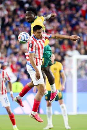 June 25, 2026, Santa Clara, California, USA: Santa Clara, USA - June 25 2026: Diego GoÂ³mez 8 of Paraguay and Nestory Irankunda 17 of Australia jump for the ball during a FIFA World Cup, WM, Weltmeisterschaft, Fussball group match between Paraguay and Australia at San Francisco Bay Area Stadium World Cup 2026: Group D: Paraguay 0:0 Australia  - ZUMAp121 20260625_zsp_p121_057 Copyright: xChrisxPutnamx