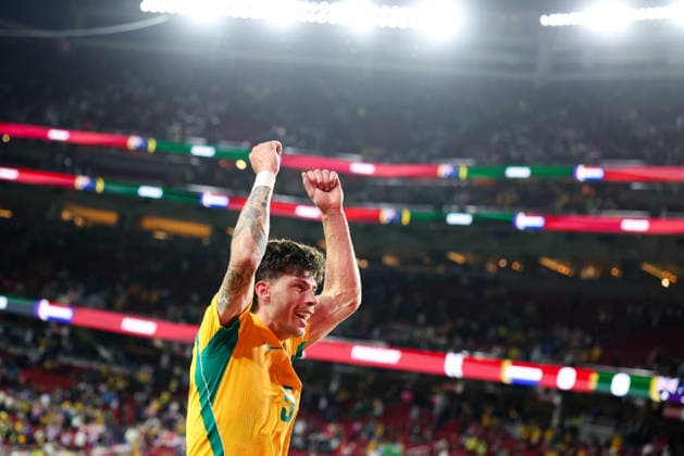 June 25, 2026, Santa Clara, California, USA: Santa Clara, USA - June 25 2026: Jordan Bos 5 of Australia celebrates qualifying to the next stage after a FIFA World Cup, WM, Weltmeisterschaft, Fussball group match against Paraguay at San Francisco Bay Area Stadium World Cup 2026: Group D: Paraguay 0:0 Australia  - ZUMAp121 20260625_zsp_p121_097 Copyright: xChrisxPutnamx