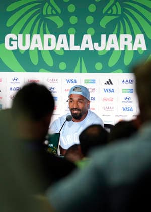 (260626) -- GUADALAJARA, June 26, 2026 -- Rodrigo Aguirre of Uruguay attends a press conference, PK, Pressekonferenz at the 2026 FIFA World Cup, WM, Weltmeisterschaft, Fussball in Guadalajara, Mexico, June 25, 2026. (Photo by Xinhua) (SP)MEXICO-GUADALAJARA-FIFA WORLD CUP-PRESS CONFERENCE MartinxZabala 