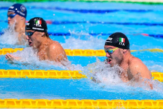 Nicolo Martinenghi and Simone Cerasuolo of Italy competes in the 50m Breaststroke Men Heats during the 62nd Settecolli swimming meeting at Stadio del Nuoto in Rome (Italy), June 26, 2026. andreaxstaccioli