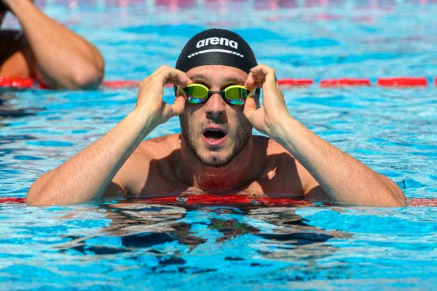 Simone Cerasuolo of Italy reacts after competing in the 50m Breaststroke Men Heats during the 62nd Settecolli swimming meeting at Stadio del Nuoto in Rome (Italy), June 26, 2026. andreaxstaccioli