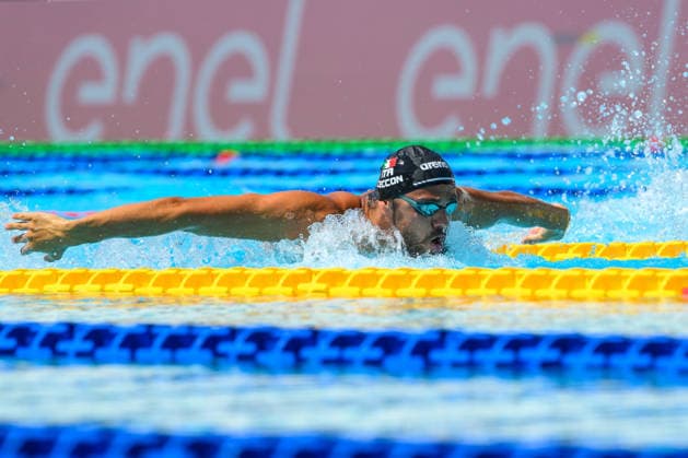 Thomas Ceccon of Italy competes in the 100m Butterfly Men Heats during the 62nd Settecolli swimming meeting at Stadio del Nuoto in Rome (Italy), June 26, 2026. andreaxstaccioli