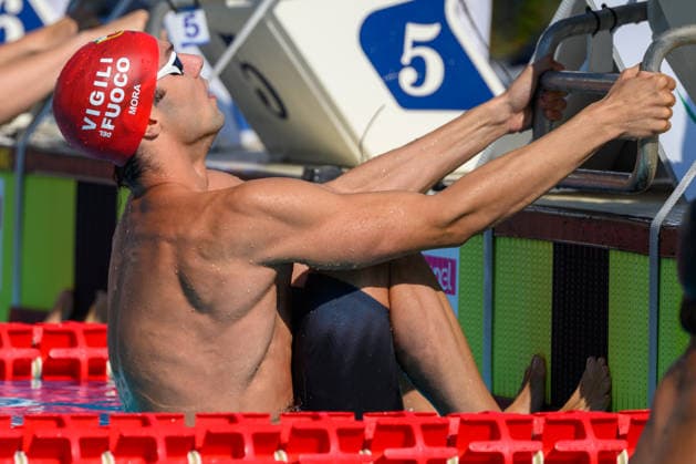 Lorenzo Mora of Italy competes in the 50m Backstroke Men Heats during the 62nd Settecolli swimming meeting at Stadio del Nuoto in Rome (Italy), June 26, 2026. andreaxstaccioli