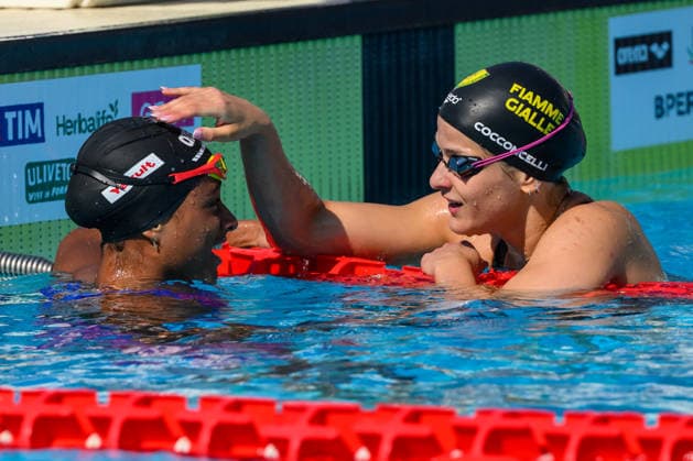 Sara Curtis and Costanza Cocconcelli of Italy react after competing in the 50m Backstroke Men Heats during the 62nd Settecolli swimming meeting at Stadio del Nuoto in Rome (Italy), June 26, 2026. andreaxstaccioli