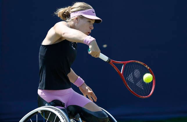 RECORD DATE NOT STATED 26th June 2026; Devonshire Park Lawn Tennis Club, Eastbourne, East Sussex, England; Uniqlo Wheelchair Tennis Tour Eastbourne Open Tennis, Day Six; Diede De Groot (NED) plays a backhand shot against Ziying Wang (CHN) HongboxChen