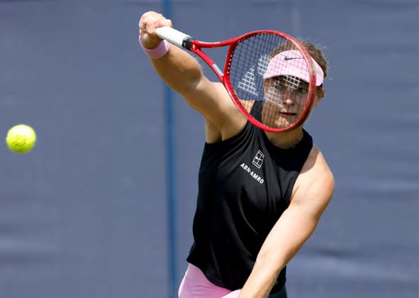 RECORD DATE NOT STATED 26th June 2026; Devonshire Park Lawn Tennis Club, Eastbourne, East Sussex, England; Uniqlo Wheelchair Tennis Tour Eastbourne Open Tennis, Day Six; Diede De Groot (NED) plays a backhand shot against Ziying Wang (CHN) HongboxChen
