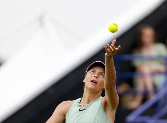 RECORD DATE NOT STATED 26th June 2026; Devonshire Park Lawn Tennis Club, Eastbourne, East Sussex, England; Lexus Eastbourne Open Tennis, Day Six; Tatjana Maria (GER) serves to Jelena Ostapenko (LAT) in the Womens semi-finals match HongboxChen